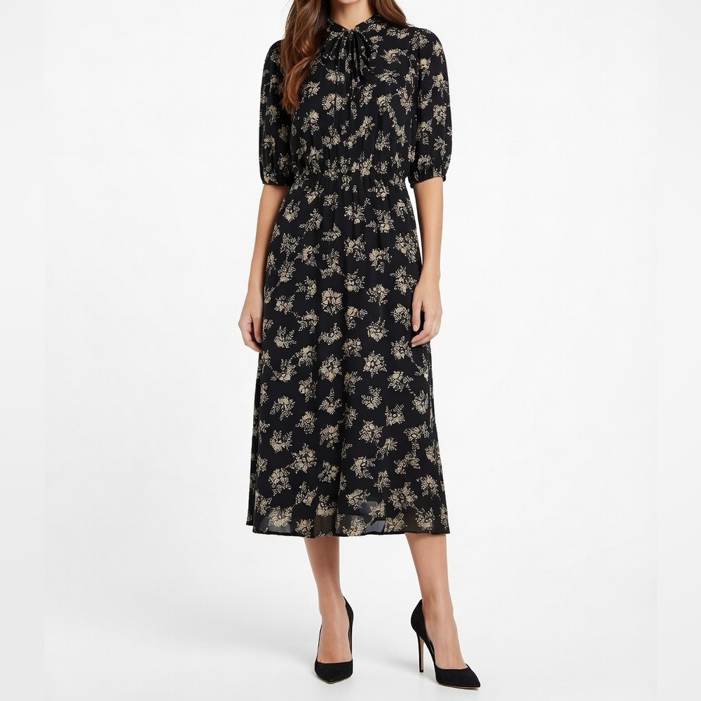 Elegant Black Sheer Floral Midi Dress